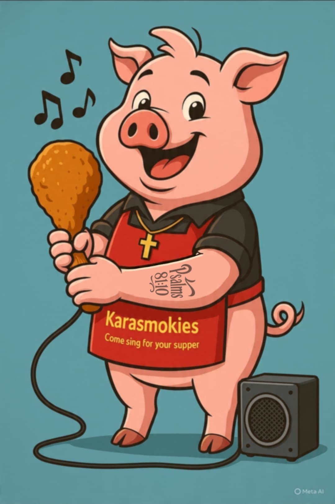 Karasmokies singing pig mascot holding a microphone chicken leg